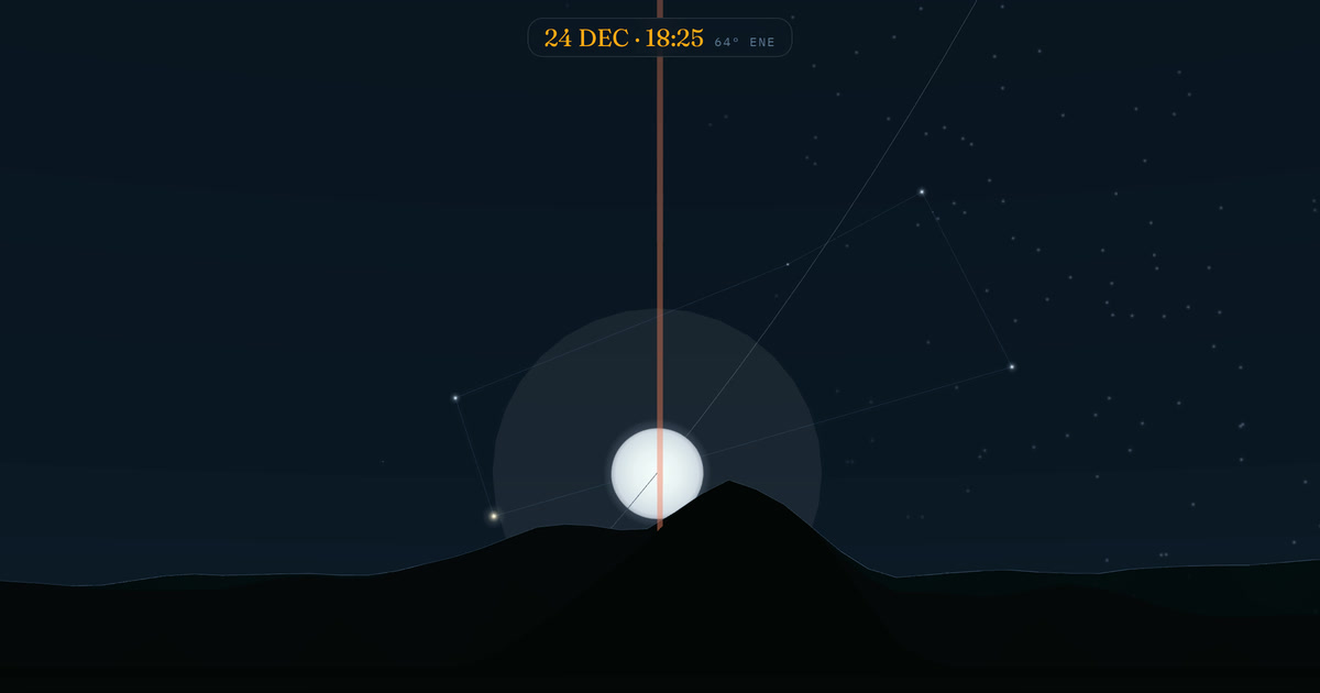 Simulated sky view: the full moon behind Half Dome on 24 December 2026 — real terrain silhouette, rendered by Heliora